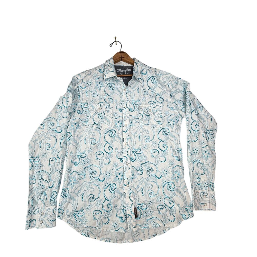 Wrangler Western Pearl Snap Long Sleeve Paisley Blue White Button Up L - Picture 2 of 6